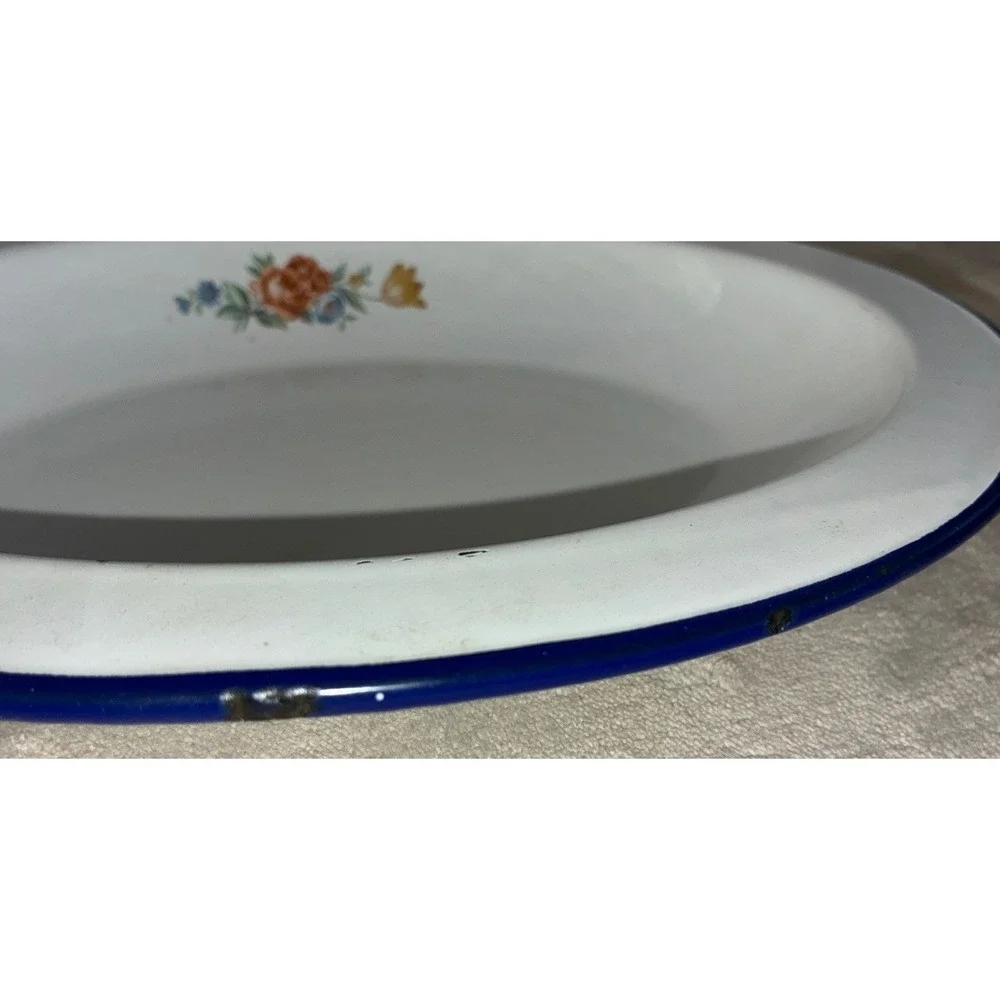 Vintage Serving Bowl Enamelware Floral 11x9